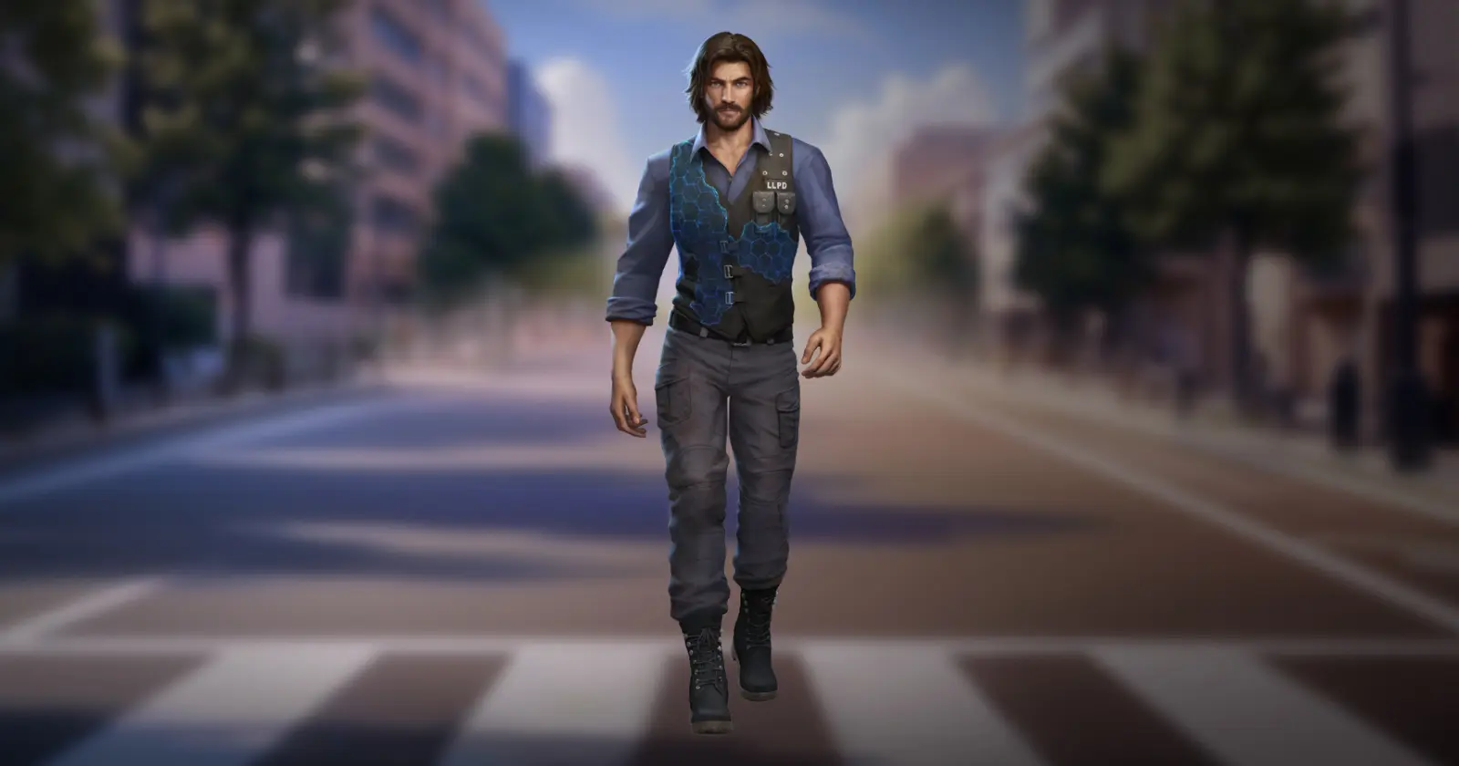 free fire andrew character in casual attire walks across an empty city street crosswalk.