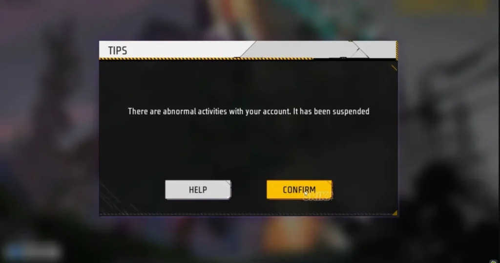 Free Fire Game account suspension notice with options to seek help or confirm.