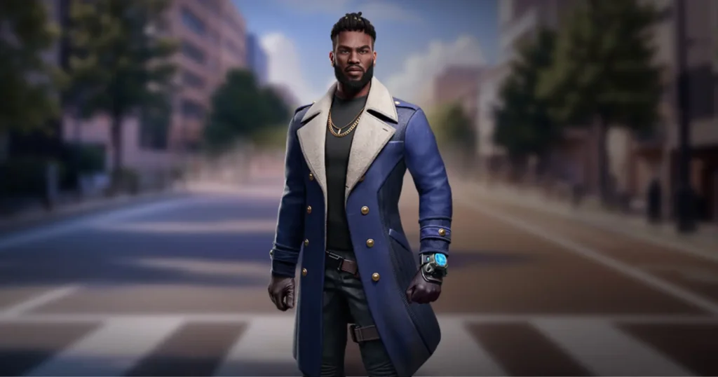 Stylish free fire ford character figure in a blue coat and black gloves standing on a city street.