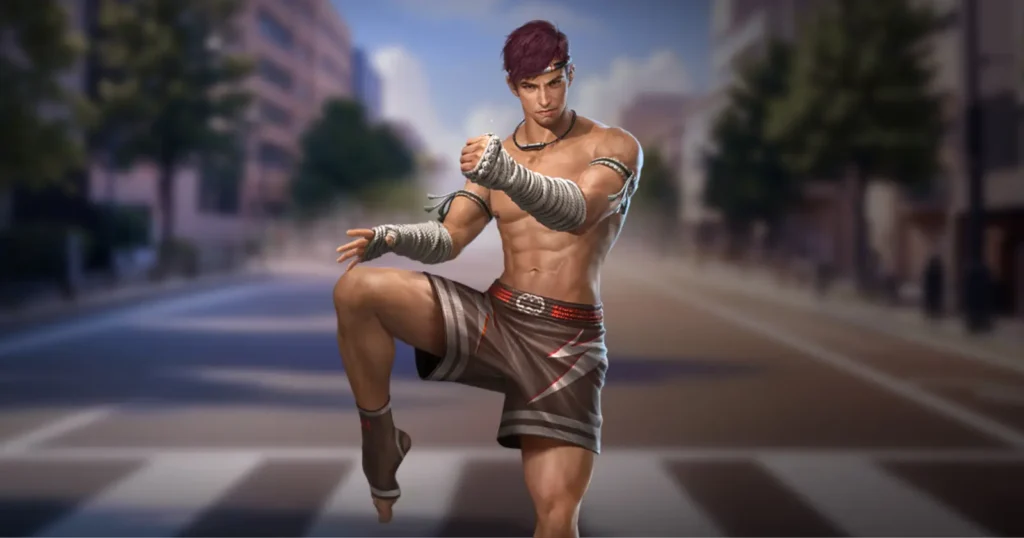 free fire kla character in martial arts attire performing a pose on a city street.