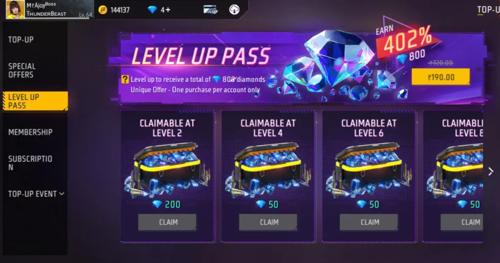 In-game screen showing Level Up Pass with claimable rewards and a 402% bonus offer for 800 diamonds.