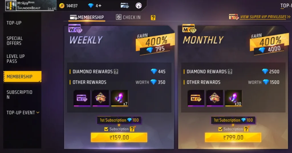 free fire game interface displaying weekly and monthly membership options with diamond rewards.