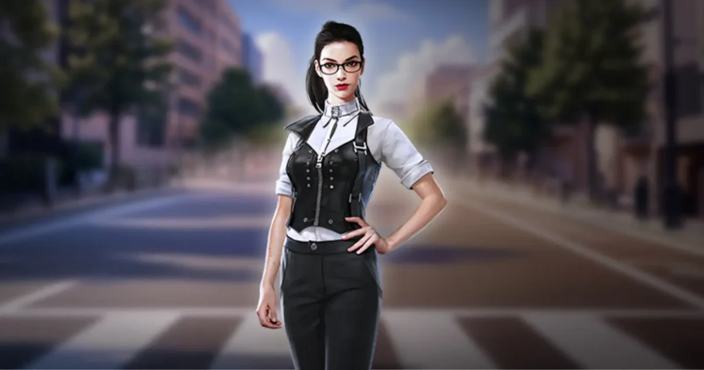 free fire nikita character in a formal vest and slacks standing on a city street.