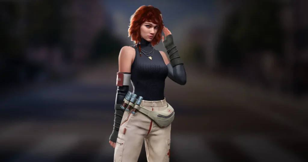 Free Fire Olivia character with red hair in a sleeveless top and cargo pants, gesturing to their ear, against a blurred backdrop.