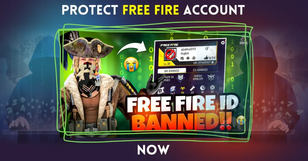 Graphic with text "Protect Free Fire Account" and "Free Fire Banned!!" showing a game character and a banned account screen.