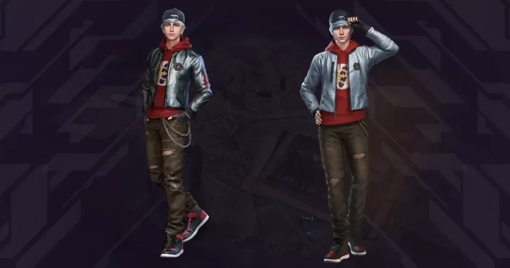 Old and new model of Free Fire game maximum character mannequins dressed in casual urban outfits with jackets, jeans, and sneakers on a dark background.