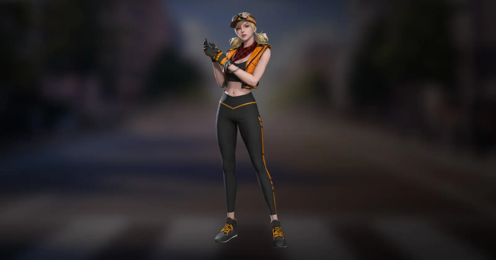 free fire female misha character standing on a street, dressed in a black and orange outfit.