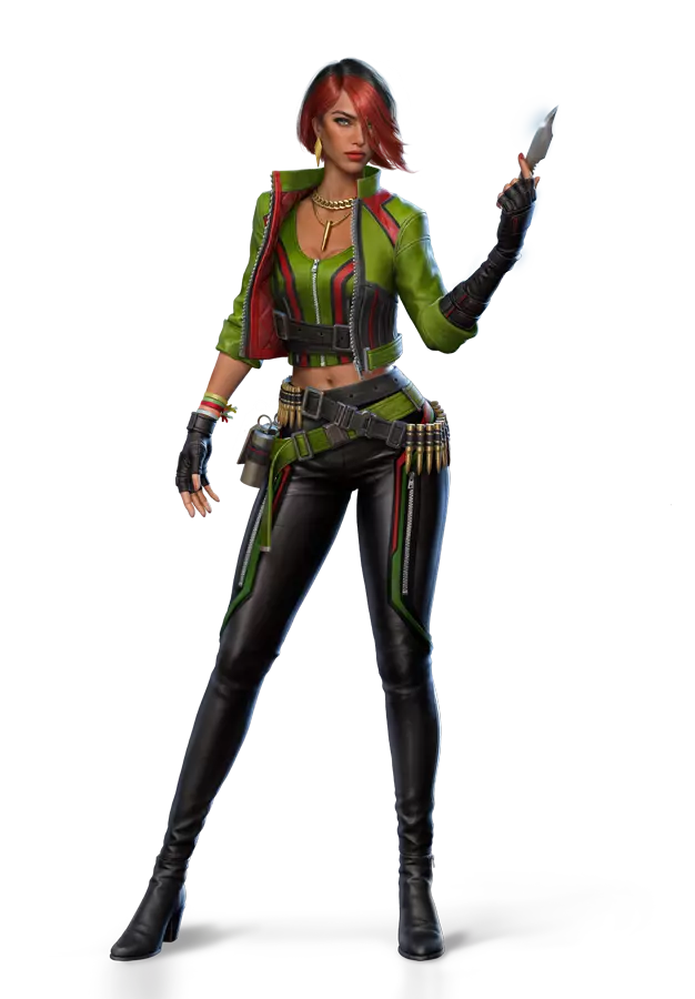 A paloma free fire woman character in a green jacket and black pants, holding a knife.