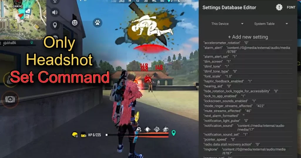 Screenshot of a free fire gameplay showing a 'headshot' notification and set edit commands settings overlay.