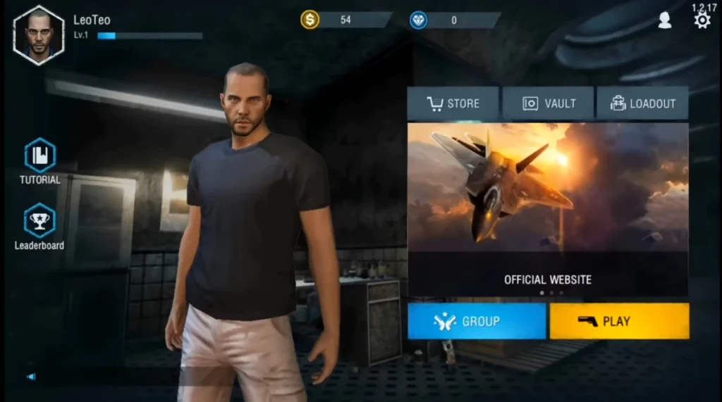 Screenshot of a old free fire game interface showing first character and menu on the screen.