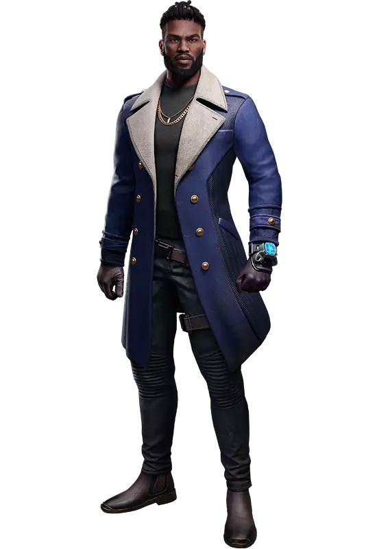 Ford character in a stylish blue overcoat, dark pants, and brown boots, with a gold chain and futuristic wristwatch.