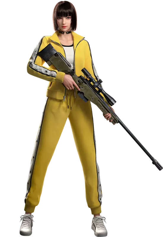 Kelly in a yellow jumpsuit holding a AWM rifle