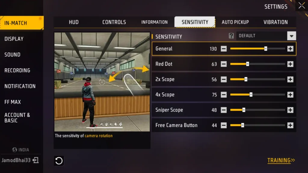 free fire sensitivity setting