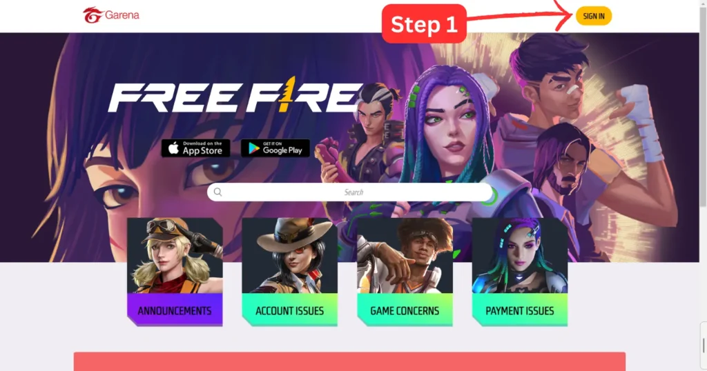free fire id unban form website step 1