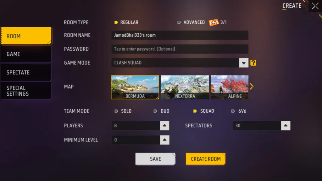 free fire custom room create