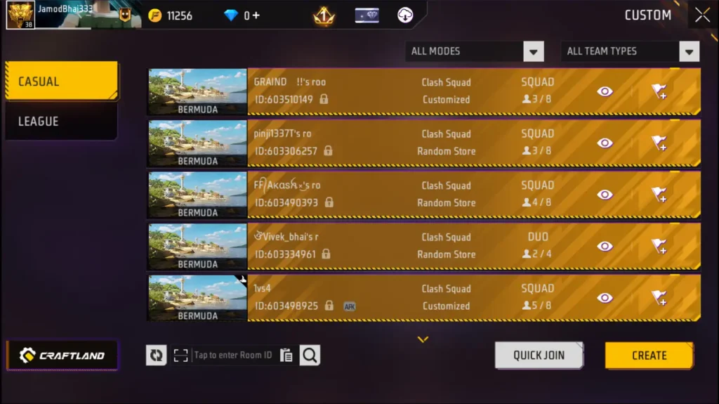 free fire custom room create