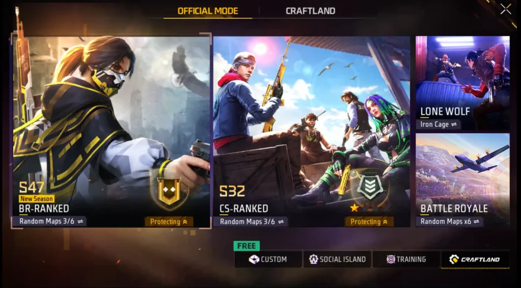 free fire mode section and custom room