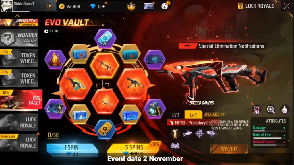 Next New Evo Voult in free fire cobra mp40 gun skin return in ob51 update